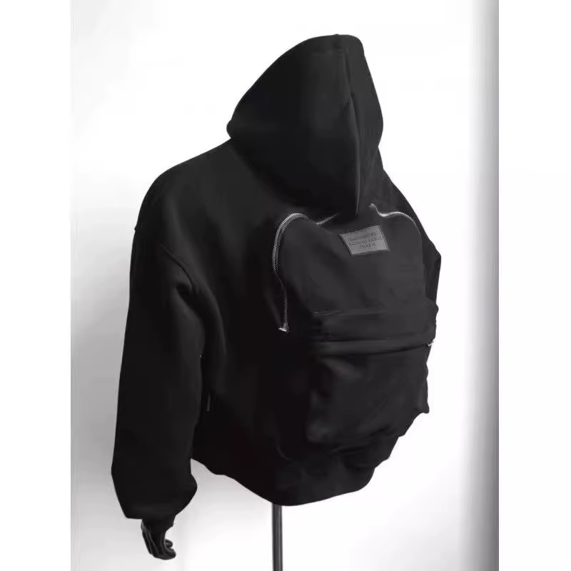 Spring Autumn Men Long Sleeves Hooded Sweatshirt Vintage Backpack Cardigan Personality Highstreet 2Xl Oversized Coat Black White
