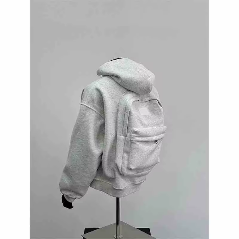 Spring Autumn Men Long Sleeves Hooded Sweatshirt Vintage Backpack Cardigan Personality Highstreet 2Xl Oversized Coat Black White